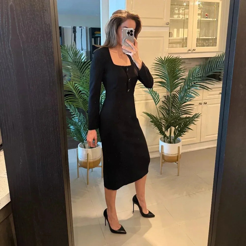 Black Square Neck Button Up  Long Sleeve Dress, Judith and Charles, US 4 - Picture 2 of 8